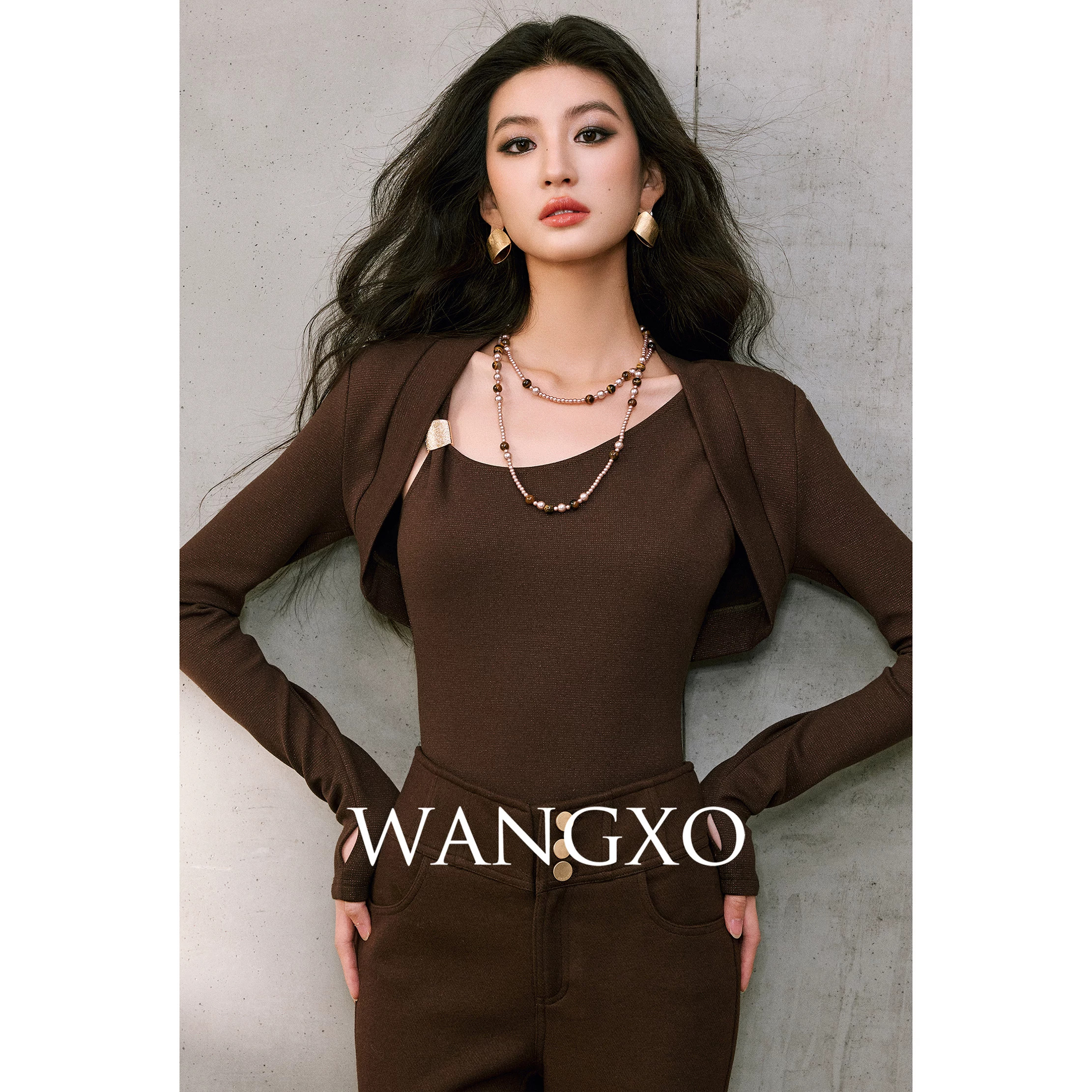 WANGXO|璀璨亮丝弹力针织|坎肩外套&斜领背心&收腰连衣裙套装