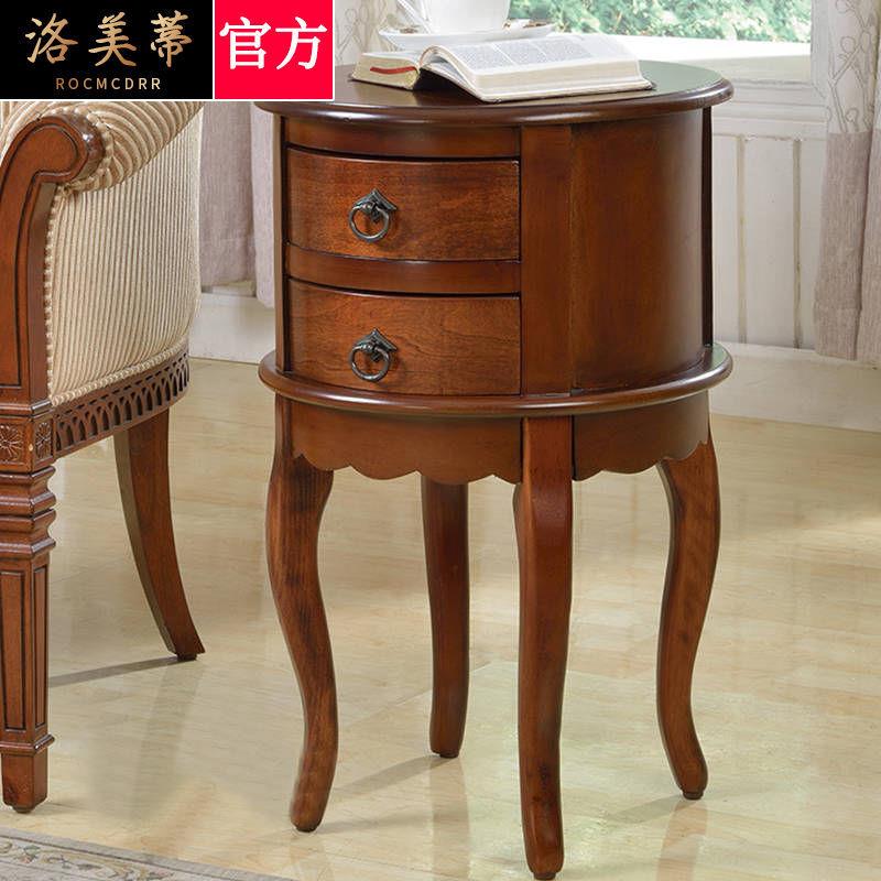 美式小茶几实木圆几圆桌沙发边桌圆形床头柜休闲桌欧式小柜m^