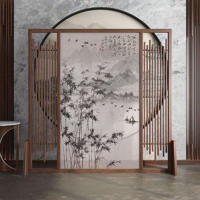 新中式屏风隔断客厅玄关简约现代办公室竹子布艺遮挡装饰移动座屏