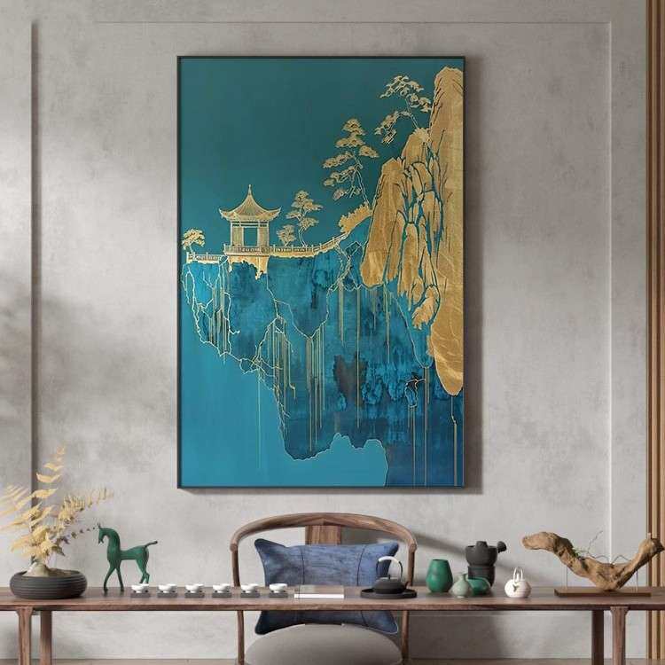 新中式中国风山水高端大气绿色抽象客厅装饰画玄关壁画竖版挂画