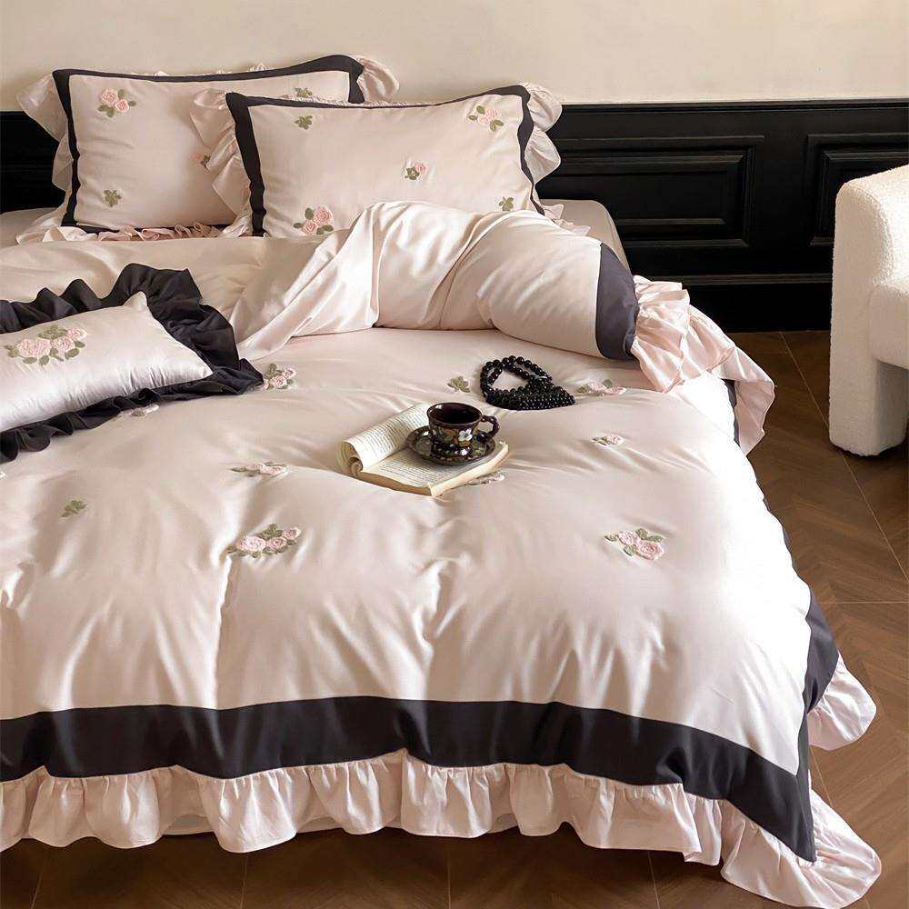 荷叶花边100s纯棉陶瓷磨毛四件套毛巾绣加厚被套床上用品