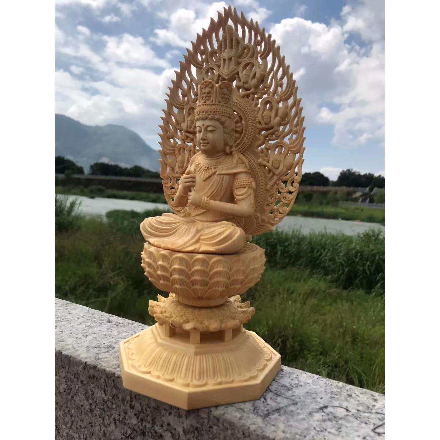 桧木雕坐莲花台大日如来菩萨28高家居木质摆件背屏可拆工艺品