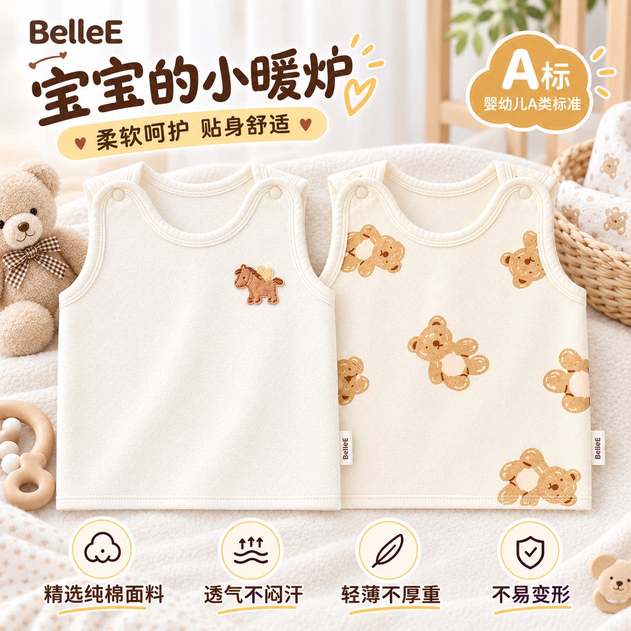 婴儿背心宝宝护肚纯棉A类秋冬季保暖内穿马甲打底锁温加厚小背心