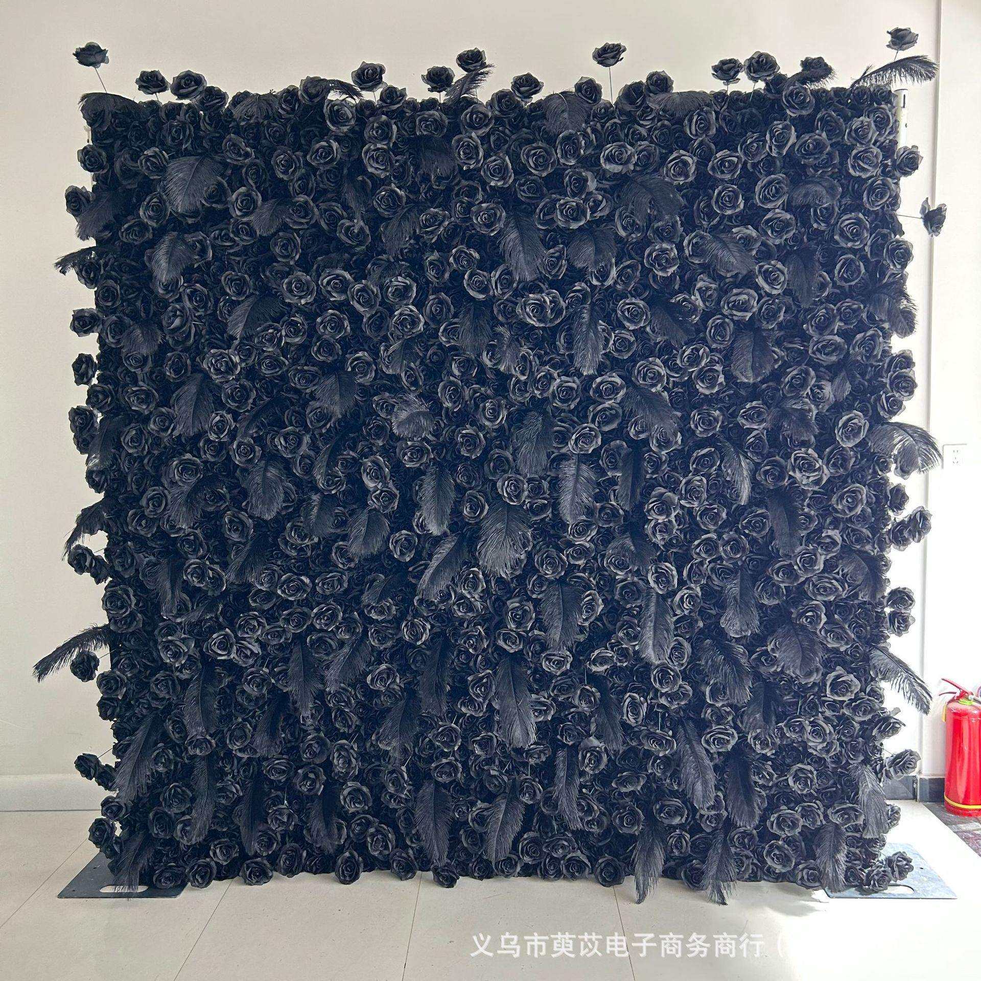 优选亚马逊仿真花网红墙布置 仿真黑色玫瑰花墙 黑色羽毛布底花墙