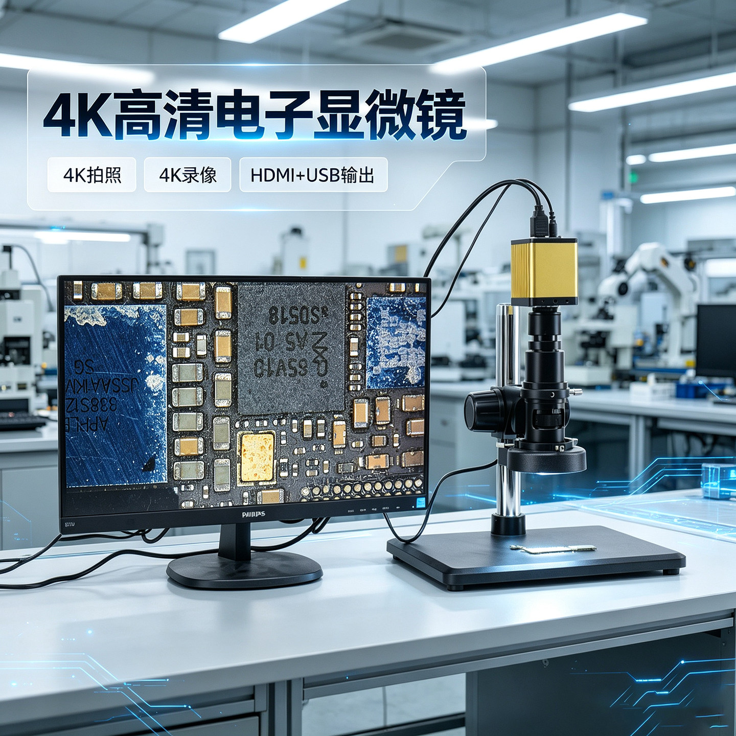 4K高清电子显微镜工业级专业拍照录像HDMI输出带屏幕测量检测维修