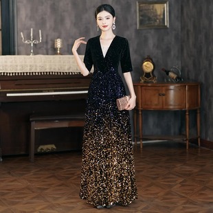 大合唱团演出服女长裙新款主持指挥钢琴演奏高端亮片晚礼服合唱服