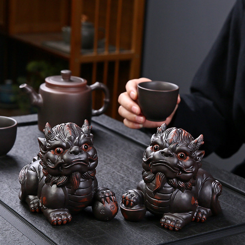 紫陶招财貔貅茶宠摆件精品可养手工茶玩茶桌茶盘宠物装饰茶具配件