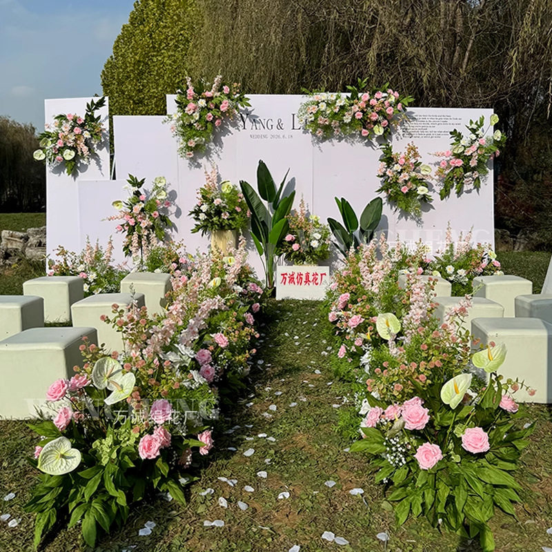 粉白色户外婚礼仿真花批发春夏粉白色森系婚礼拱门路引假花绿植