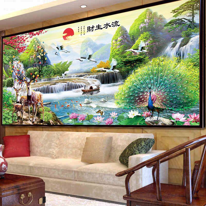 流水生财十字绣2025新款线绣山水孔雀麋鹿客厅自己绣简约现代满绣