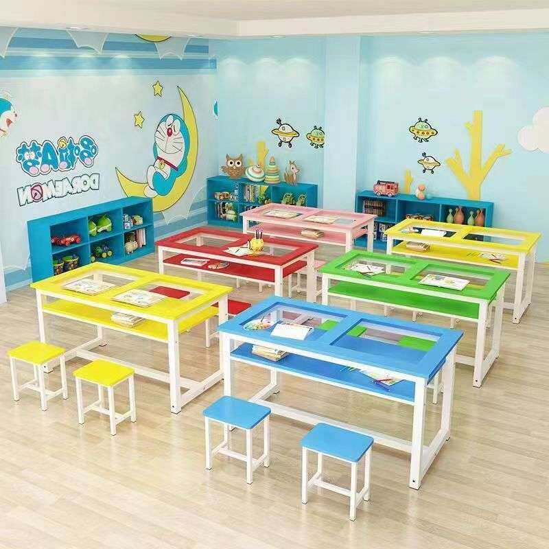 儿童美术桌画室桌子儿童画画手工桌幼儿园小学桌子书法桌钢化玻璃