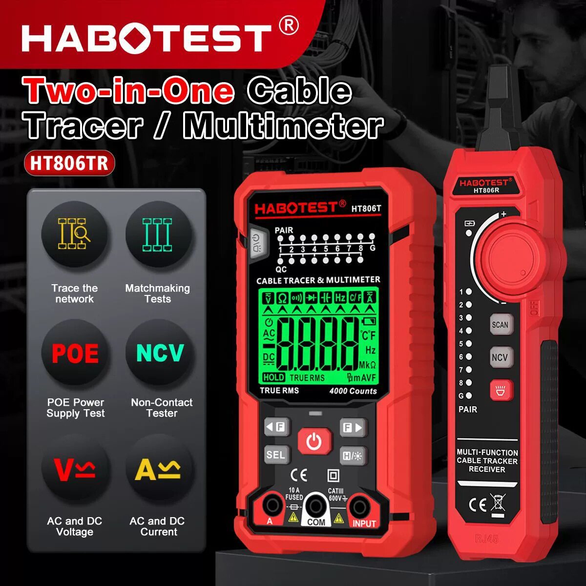HABOTEST华博新款网络寻线仪万用表HT806TR二合一多功能仪器仪表
