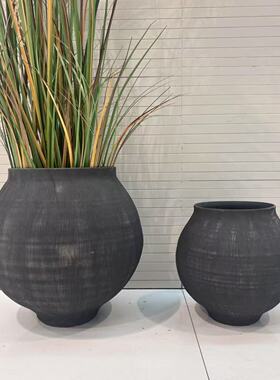 意境花盆中式复古禅意粗陶陶罐黑色陶瓷花瓶摆件客厅插花器酒店样