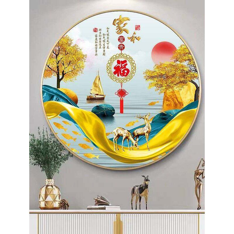 F新中式圆形装饰画客厅玄关挂画富贵吉祥鹿花卉有框现代简约