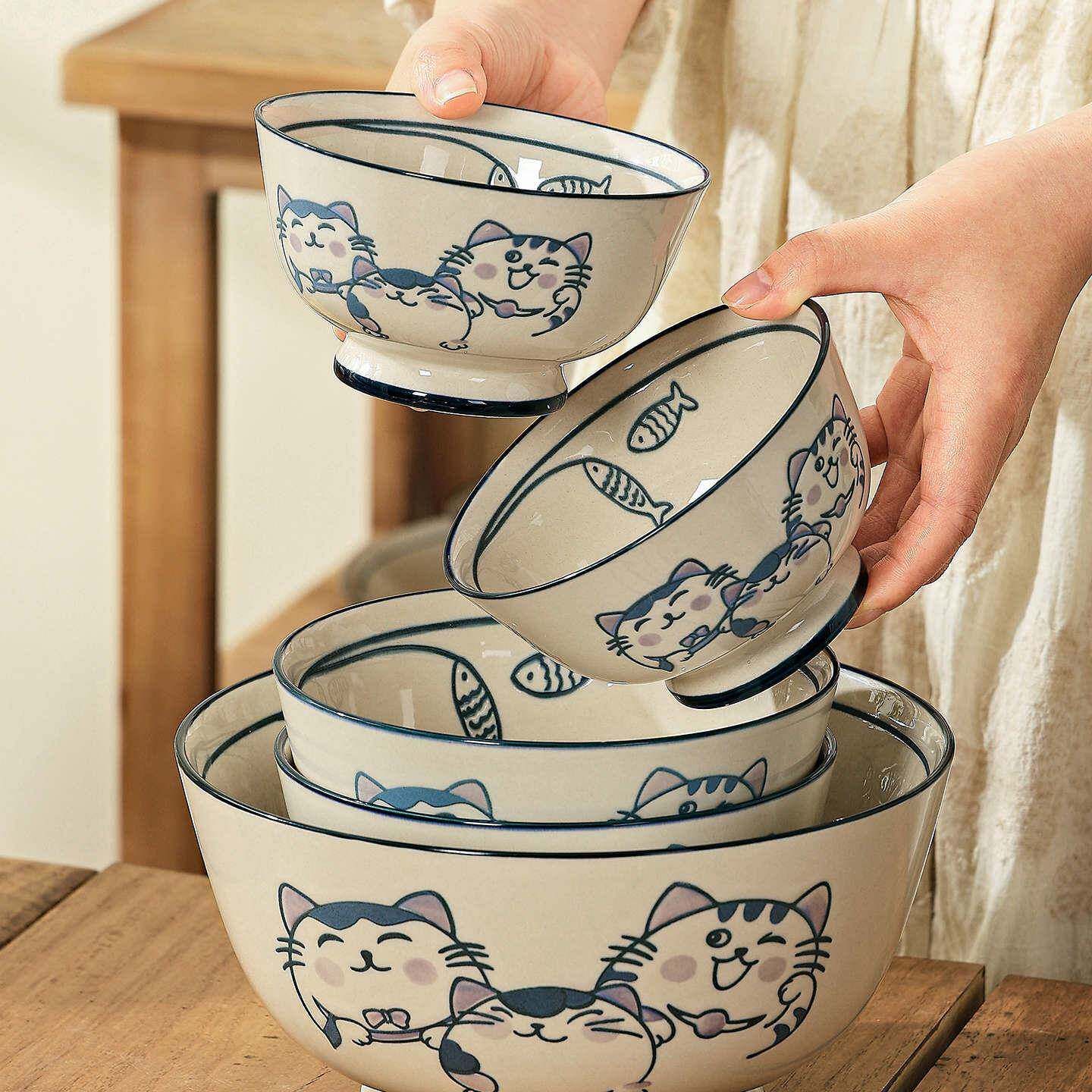 釉下彩可爱猫咪碗盘餐具家用2026新款汤碗面碗菜盘子碗碟套装送礼