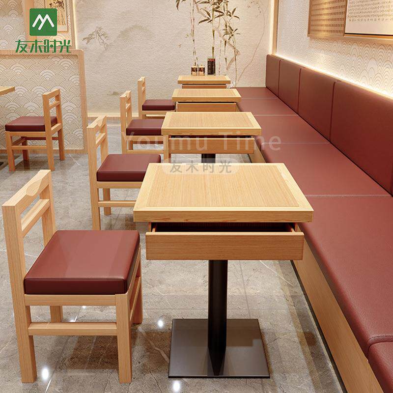 桌椅连锁快餐店实木餐桌螺蛳粉烤肉拌饭店带抽屉桌子方桌面馆餐桌