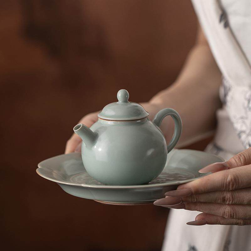 天青如湖汝窑壶承陶瓷手工浮雕干泡盘家用茶具托盘客厅中式干果盘