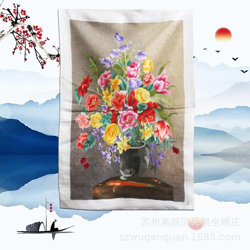 苏绣装饰画客厅书房办公室挂画苏州手工刺绣绣片插花瓶厂家生产