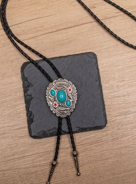 1pcs复古bolo tie领绳西部牛仔风老鹰天然松石波洛皮绳项链