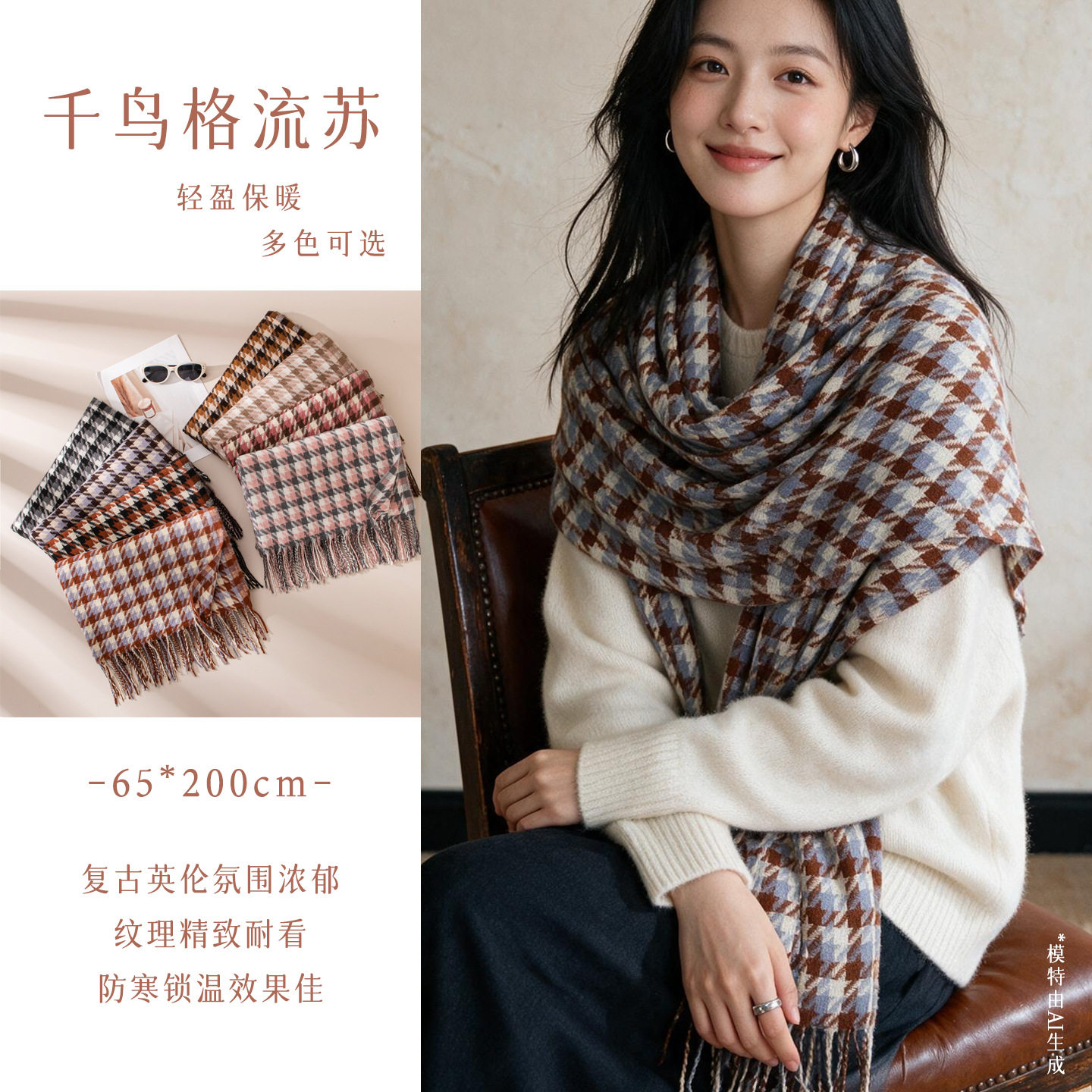 千鸟格高级感仿羊绒围巾秋冬季御寒保暖百搭披肩围脖格子流苏围巾