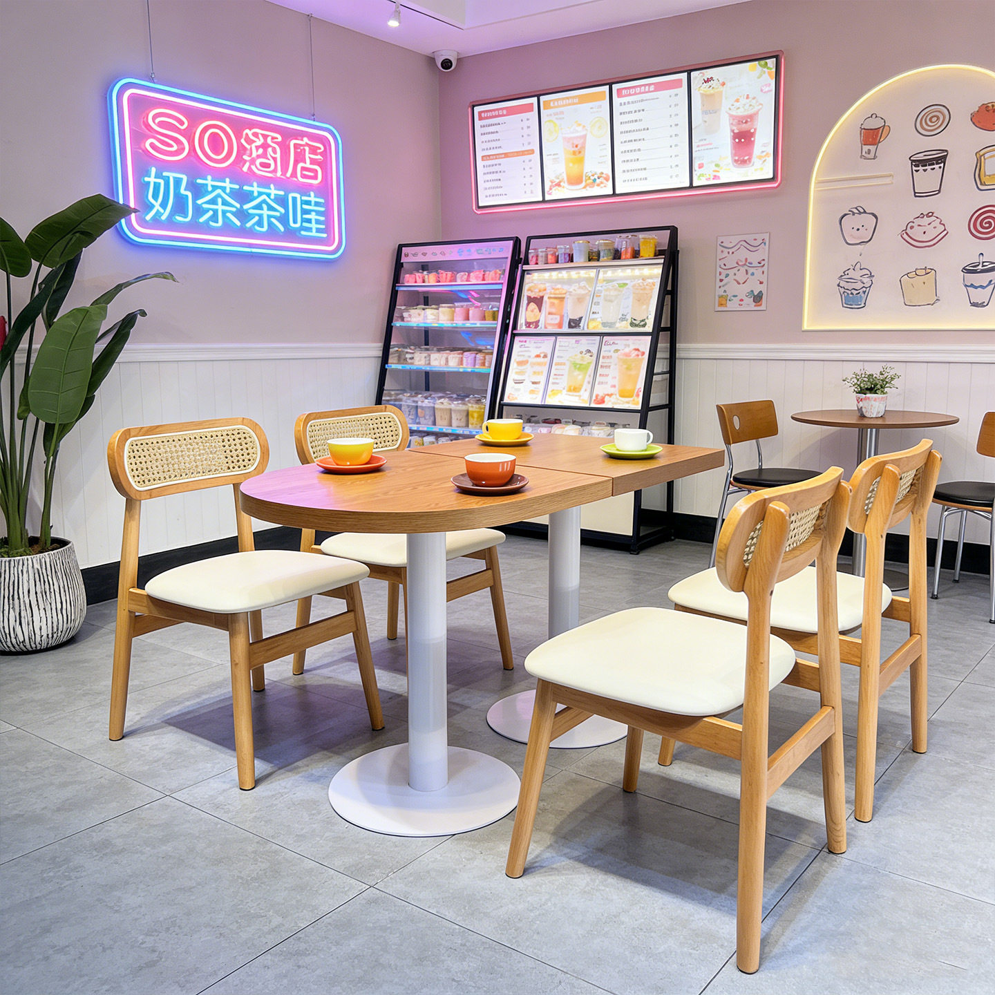 奶油风咖啡厅桌椅组合奶茶店甜品店整店成套洽谈实木椅子商用餐桌