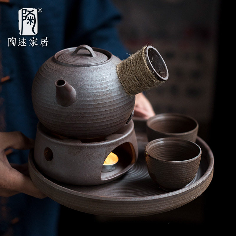 陶迷粗陶侧把壶温茶套装无釉原矿家用茶壶绑绳防烫陶瓷蜡烛煮茶炉
