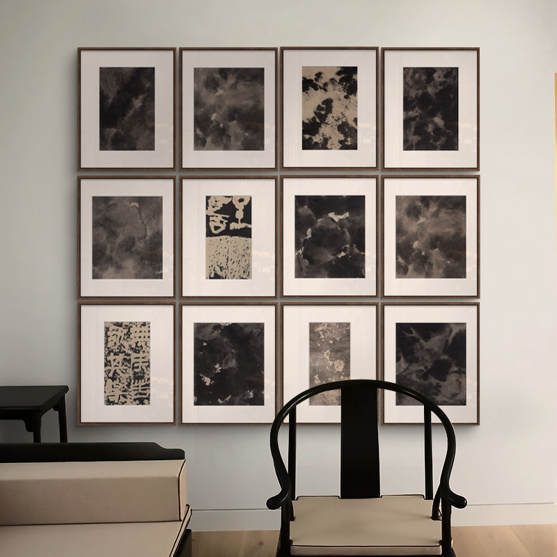 新中式抽象水墨装饰画法式中古风玄关摆画民宿过道禅意多联挂画