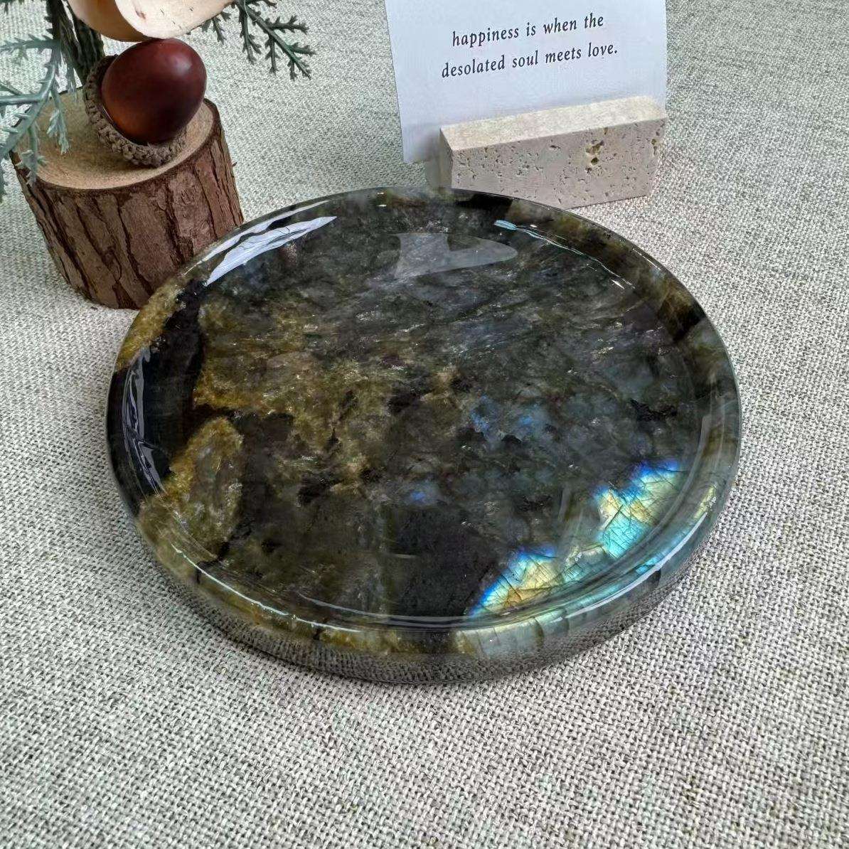 水晶拉长石原石托盘圆盘月光石摆件蓝翡翠奢石水晶雕刻工艺品