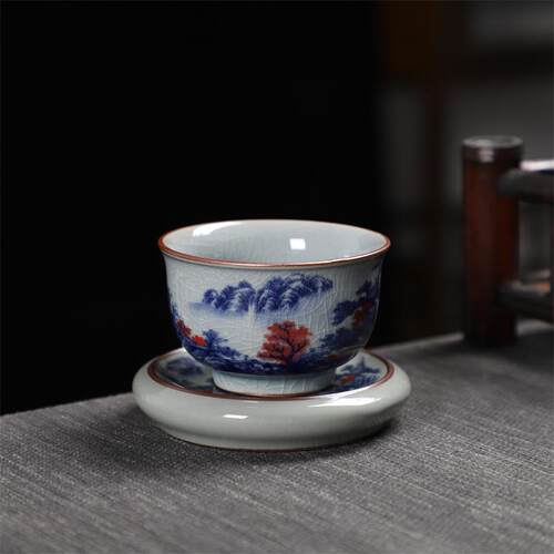 青花哥窑冰裂主人杯+杯碟陶瓷家用釉里红复古