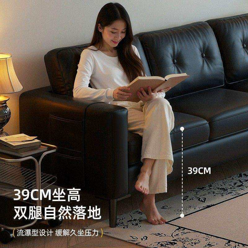 黑色复古沙发轻奢客厅现代意式简约直排公寓双人皮沙发皮艺小户型
