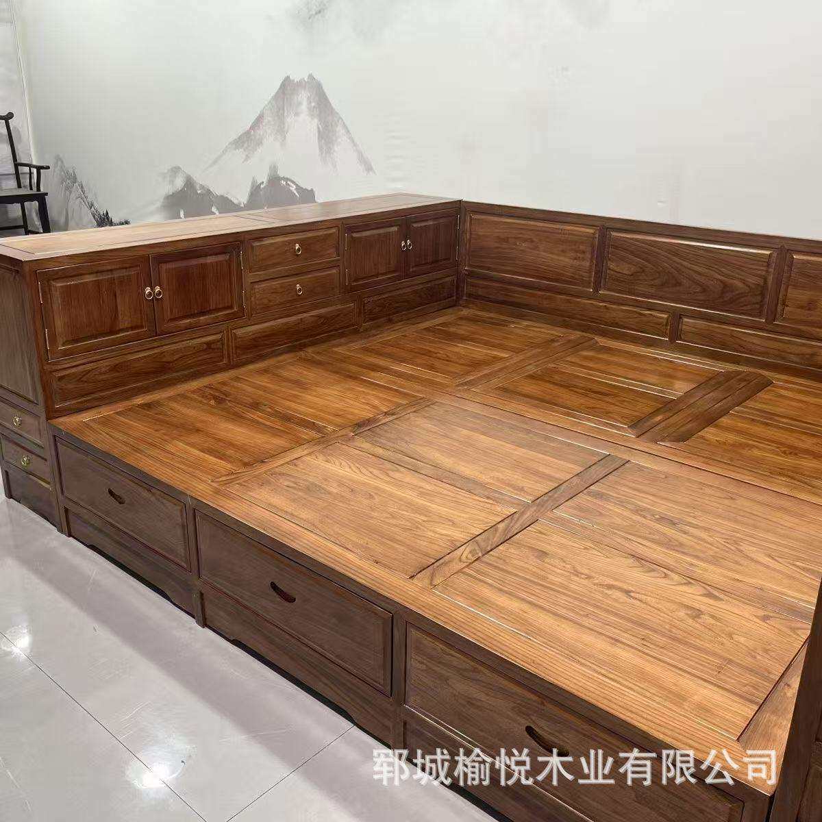 新中式老榆木大床家居卧室实木床单双人带靠背箱体床原木双人大床