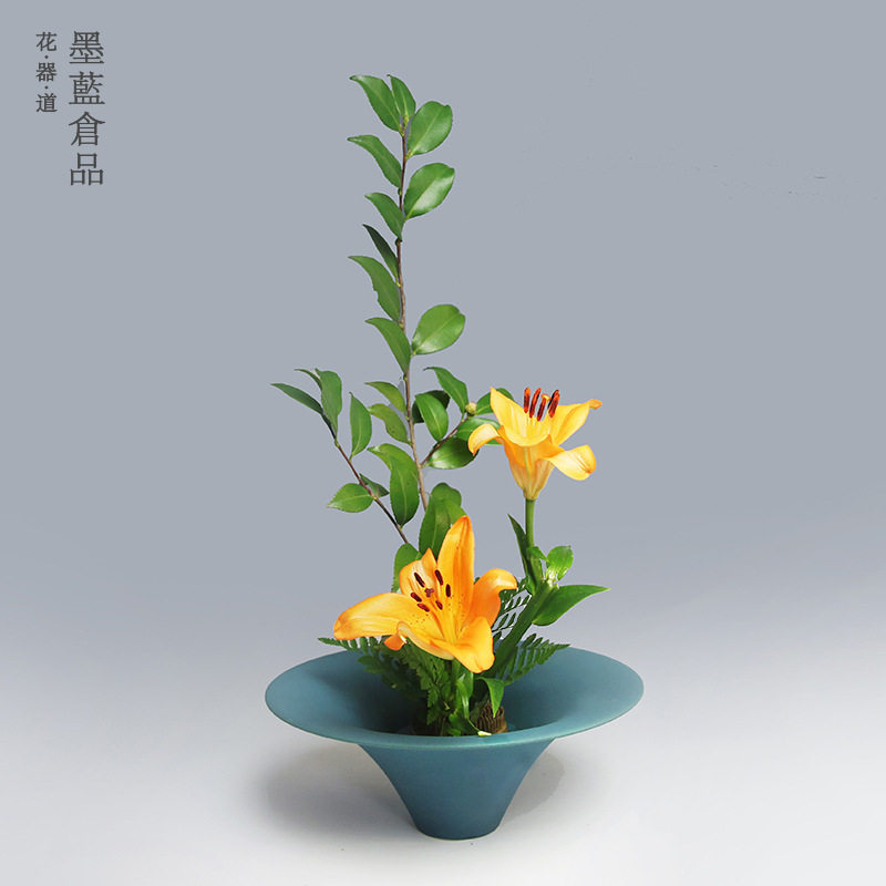 厂家直销日式插花池坊花器禅意陶瓷磨砂花盆简约创意大花盘花瓶