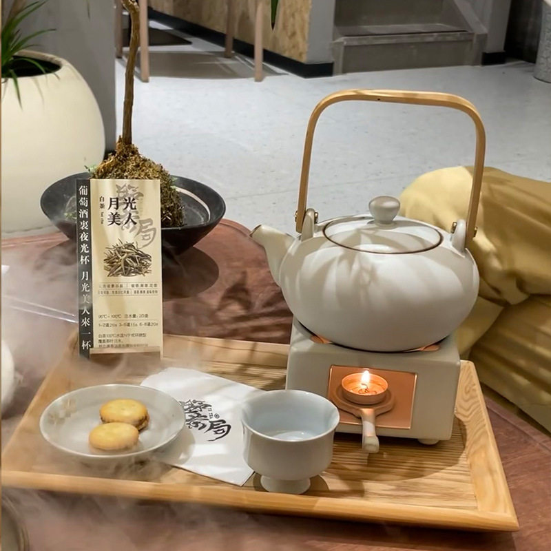 茶馆茶室围炉煮茶器户外烧水壶茶具中式提梁壶陶瓷蜡烛酒精灯温茶图片