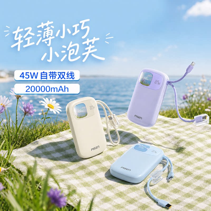 品胜3C认证可上飞机新45W快充电宝小巧便携20000毫安大容量自带线
