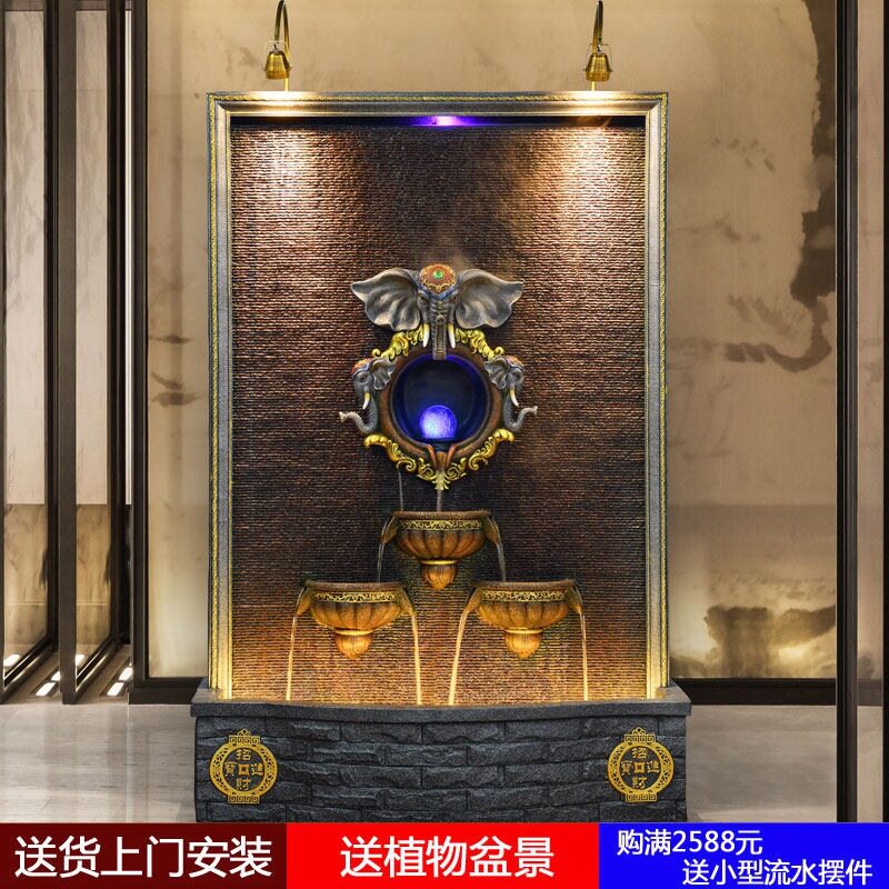 大型欧式水幕墙流水屏风加湿摆件花园假山庭院客厅大象落地装饰品