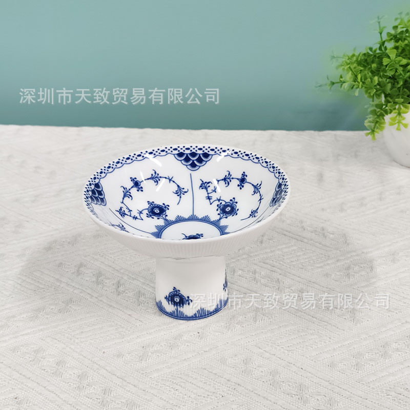 欧式手绘青花瓷骨瓷高脚碗唐草高足果碗下午茶点心盘厂家直销批发
