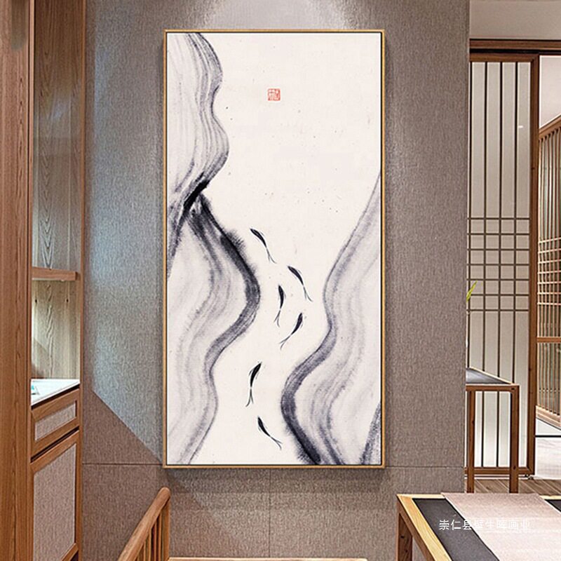 空山新中式禅意玄关玄幻装饰画黑白水墨挂画竖版过道壁画风水