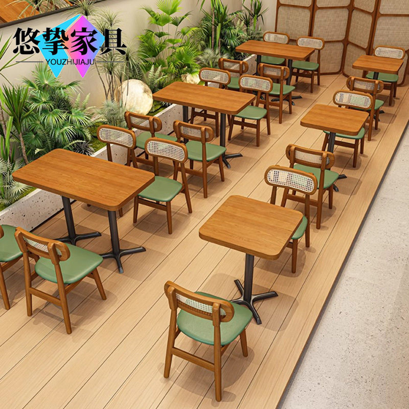 轻食餐厅编藤椅子商用主题餐厅茶餐厅西餐厅餐椅靠墙实木桌椅组合