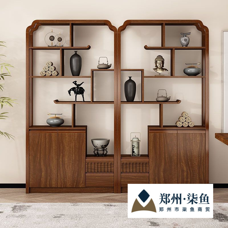 新中式博古架乌金木色摆件书架茶具架收纳玄关客厅办公隔断展示架