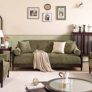 实木沙发复古三人位绿布艺黑胡桃色小户型北欧客厅家具中古风沙发