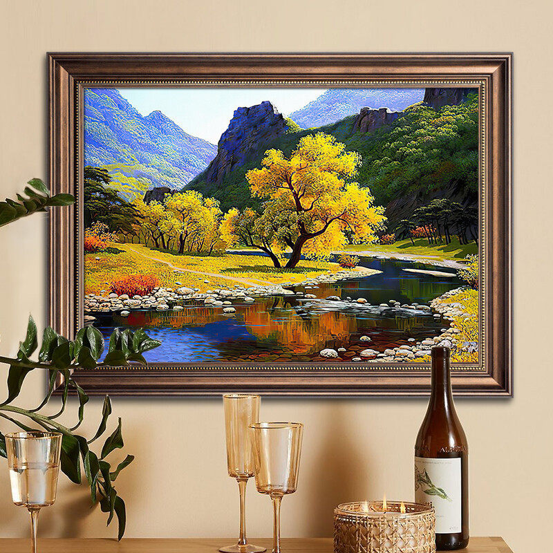 风景流水生财壁画聚宝盆装饰画世界名画玄关走廊挂画实木框油画