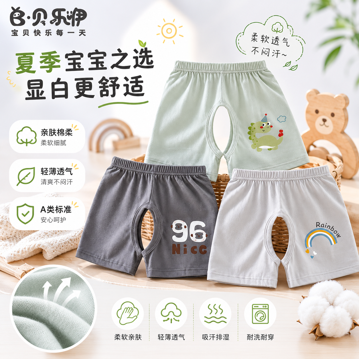贝乐咿宝宝短裤夏季薄款纯棉A类开裆裤儿童五分裤婴儿居家睡裤