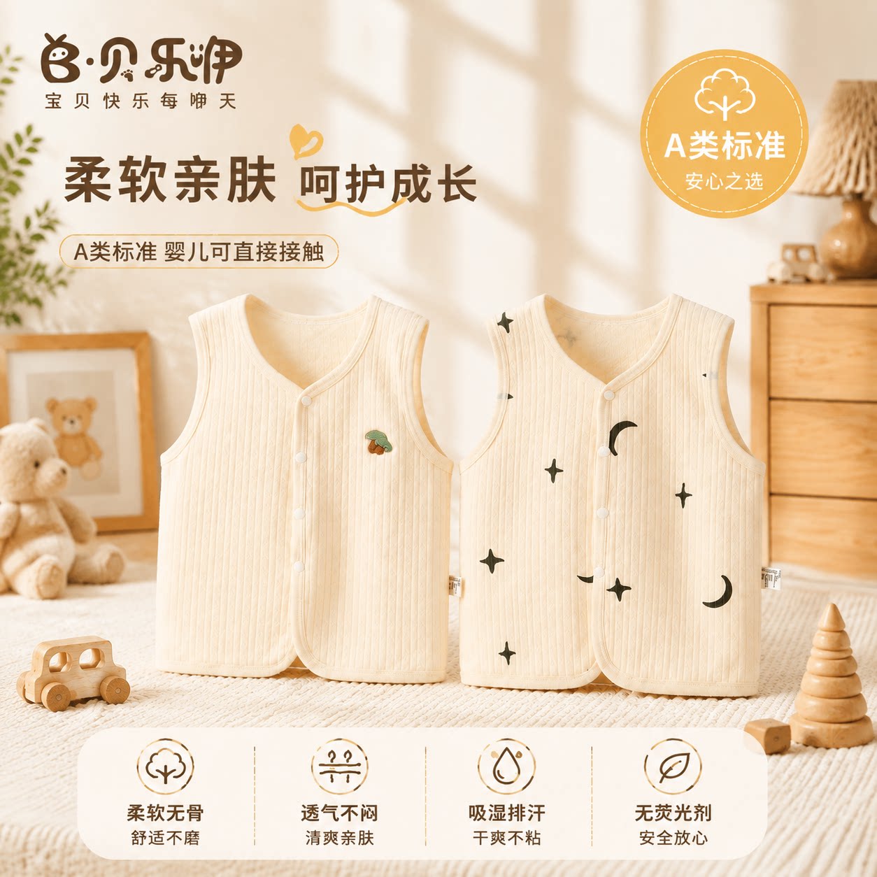 贝乐咿宝宝马甲秋季纯棉坎肩新生儿衣服外穿上衣儿童无袖开衫外套