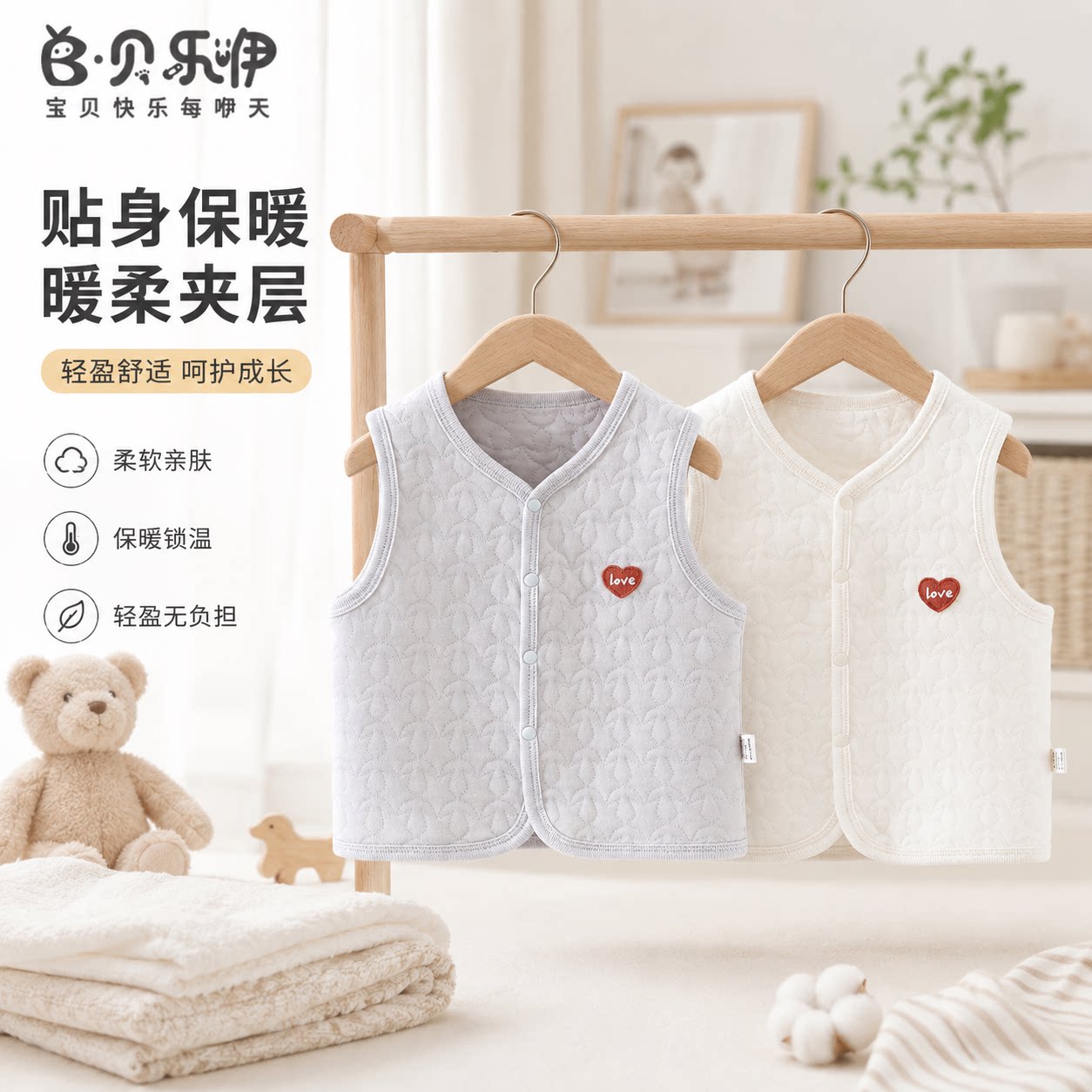 贝乐咿宝宝马甲秋冬季婴儿保暖款A类无袖上衣儿童打底夹棉坎肩