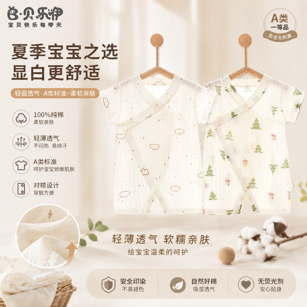 贝乐咿婴儿连体衣夏季轻薄透气新生儿和尚服纯棉无骨婴幼儿短袖