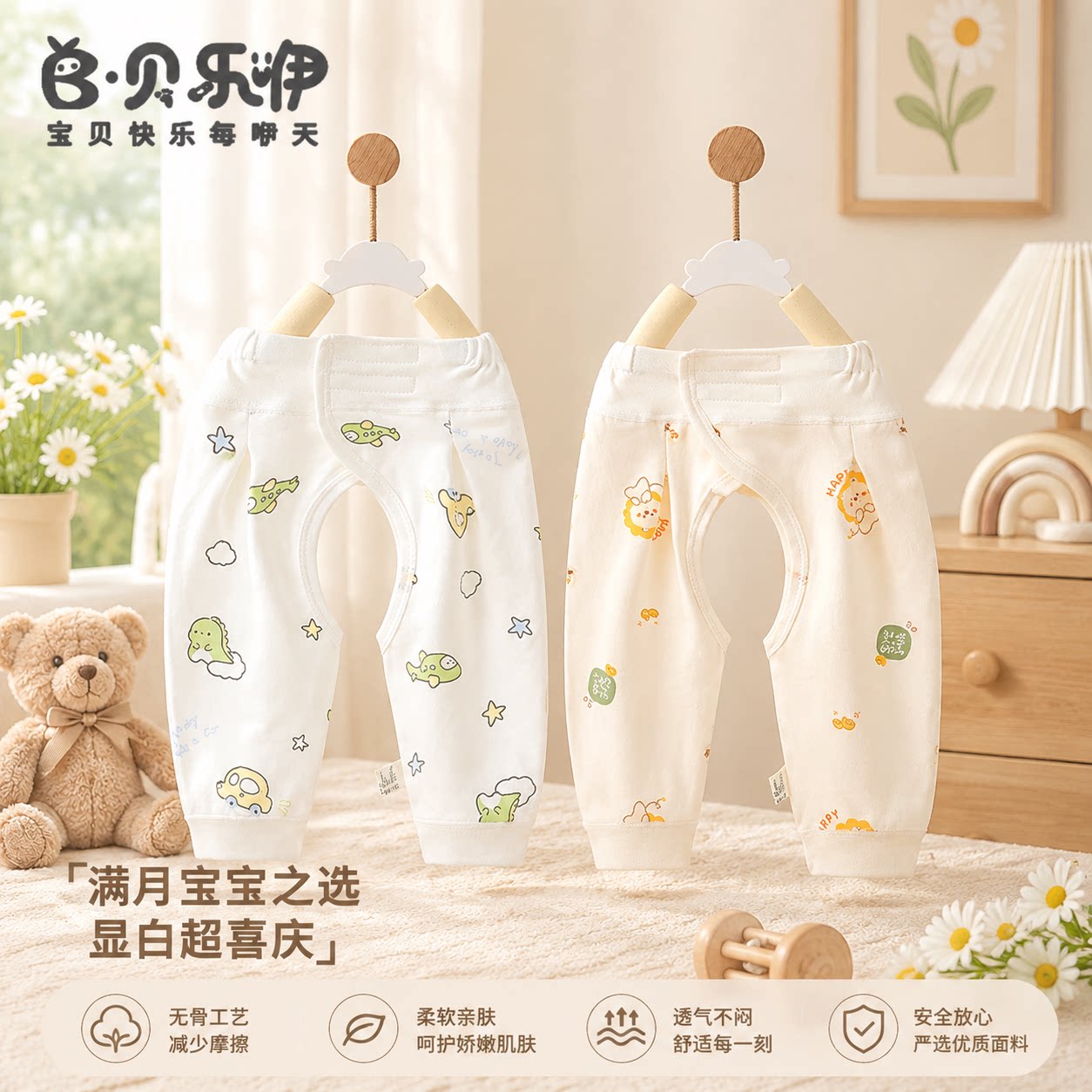 贝乐咿婴儿开裆裤春秋季纯棉长裤宝宝魔术贴高腰护肚护脐居家外出
