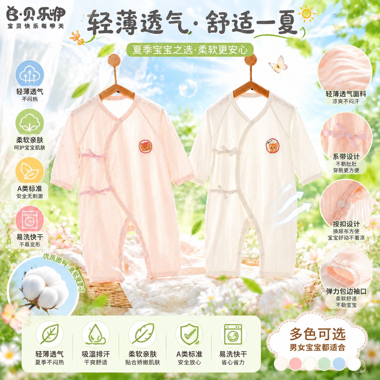 贝乐咿新生婴儿连体衣薄款夏季透气莫代尔睡衣宝宝新生儿居家服