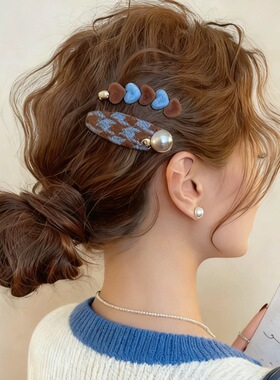 新娘韩系蓝色丝绒千鸟格发夹女高级感精致爱心撞色发卡百搭