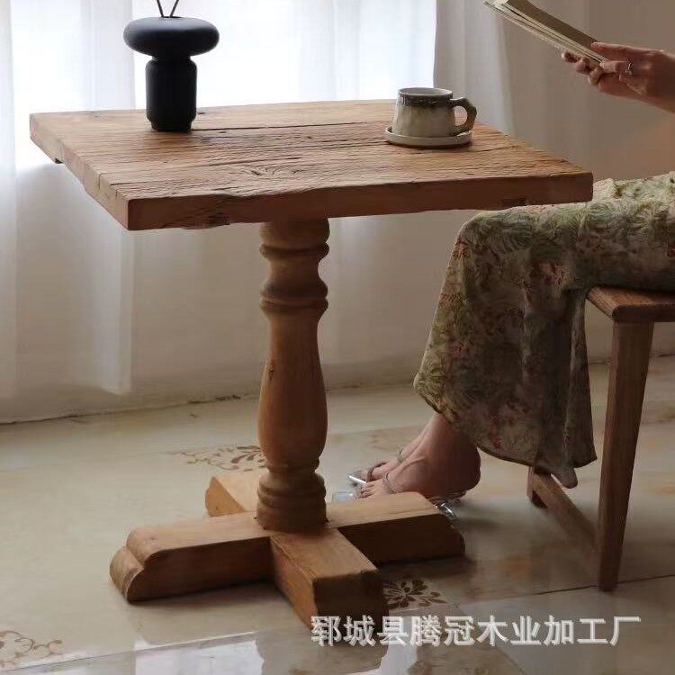 原木咖啡方桌阳台小茶桌榆木家用休闲餐桌风化怀旧客厅茶桌茶台