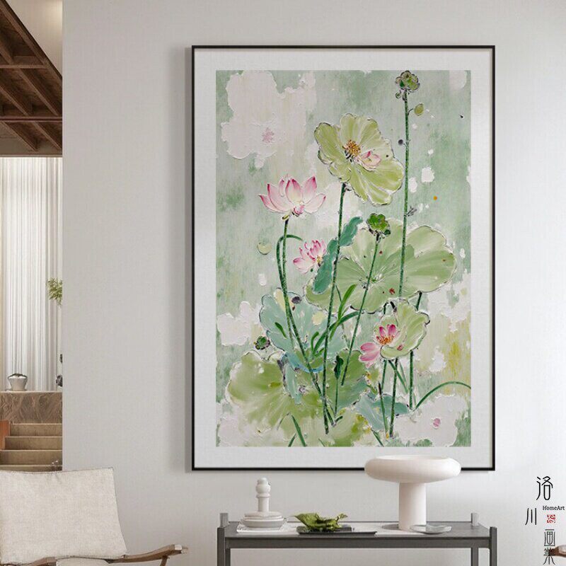 宋代美学荷花莲花油画新中式客厅肌理画睡莲装饰画中国风玄关挂画