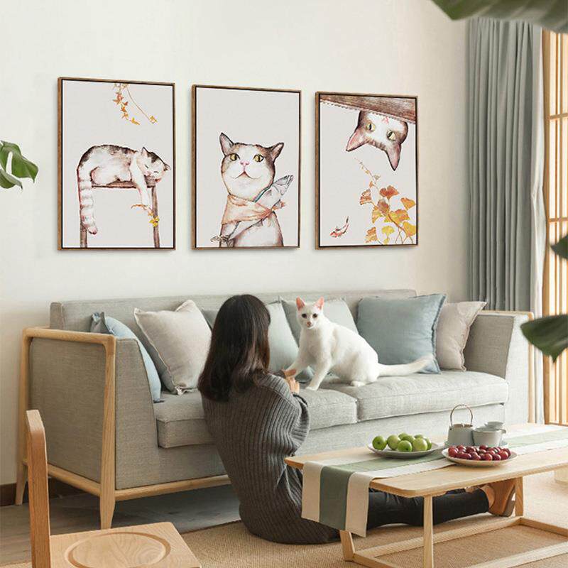 小清新猫咪装饰画现代简约客厅背景挂画餐厅创意壁画温馨卧室墙面